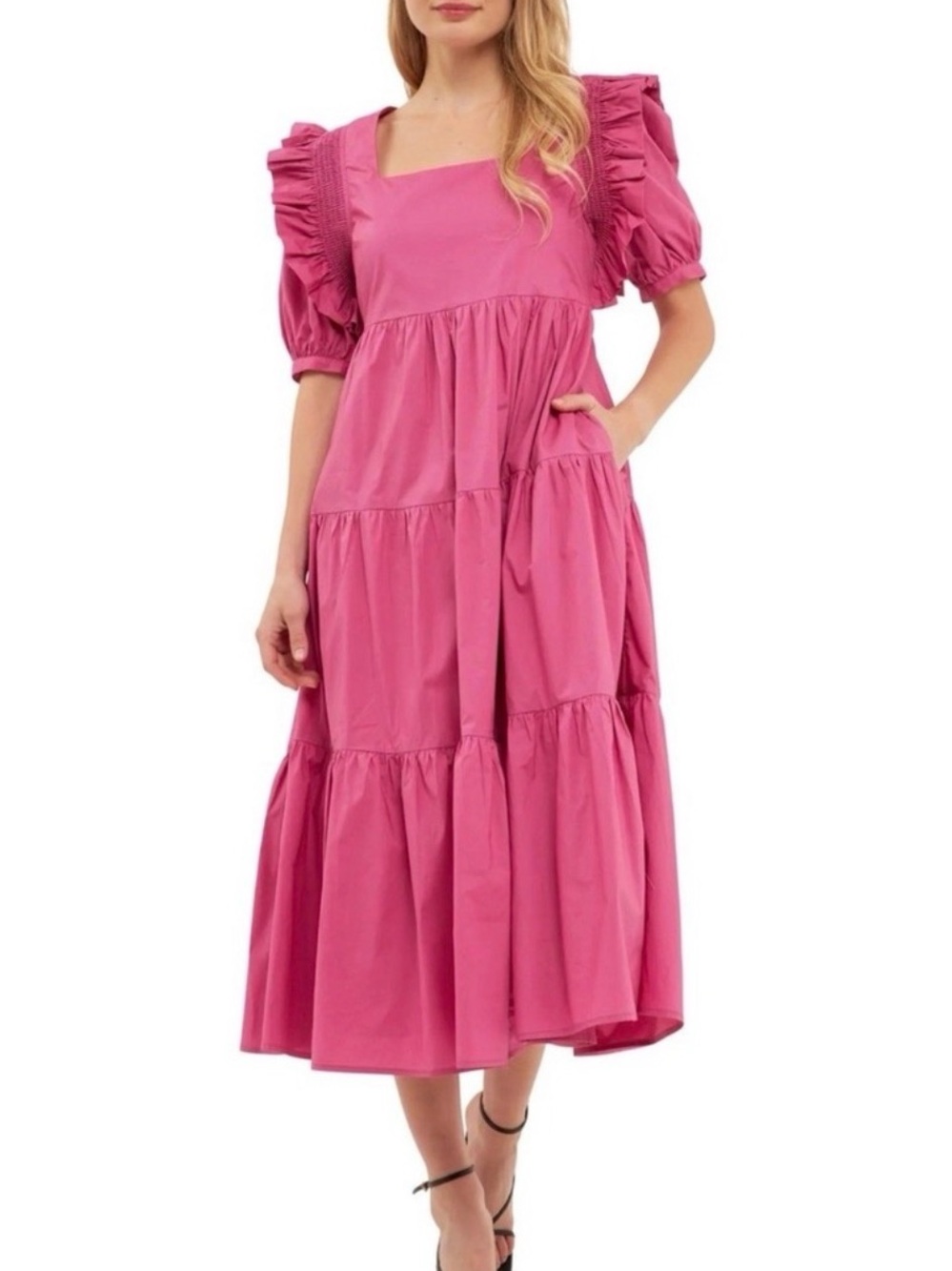 English Factory Magenta Pink Tiered Midi Dress with Ruffle Sleeves